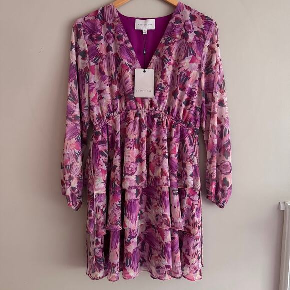 Adelyn Rae Isabella Ruffle Tiered Mini Dress Pink and Purple Floral Small New - Picture 2 of 7